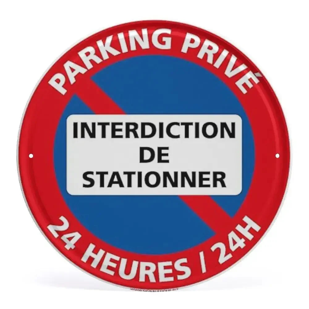 2D Flat Assorted French & Private Property No Parking Signs Round Metal Tin Sign - Multilingual Traffic Themed Wall Deco