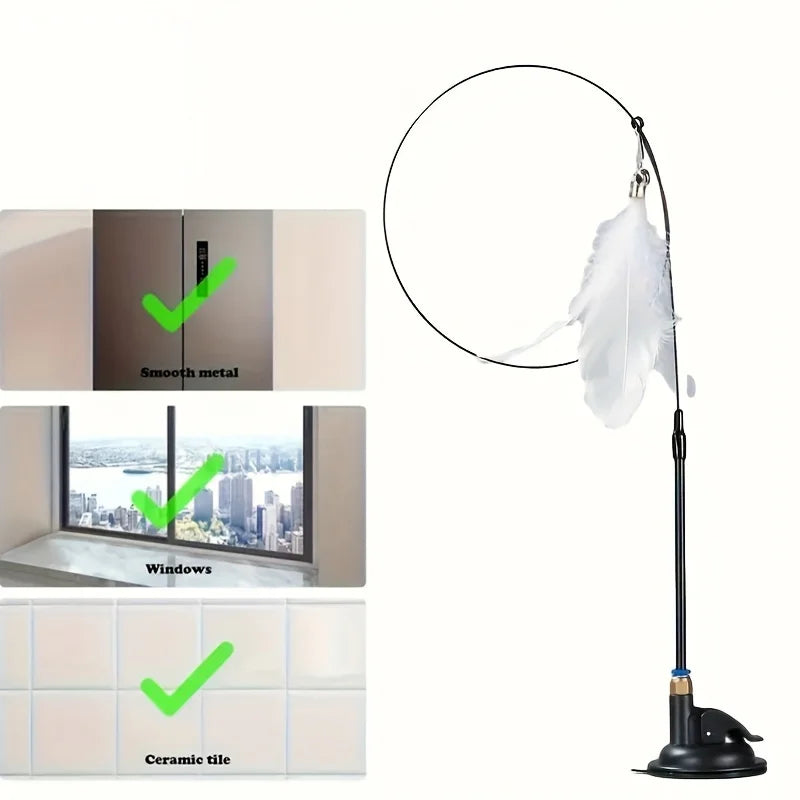 Bite-Resistant Cat Teaser Stick with Bell, Feather, and Long Rod - Fun and Interactive Cat Toy with Suction Cup Base