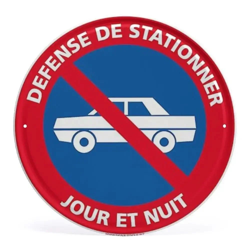 2D Flat Assorted French & Private Property No Parking Signs Round Metal Tin Sign - Multilingual Traffic Themed Wall Deco