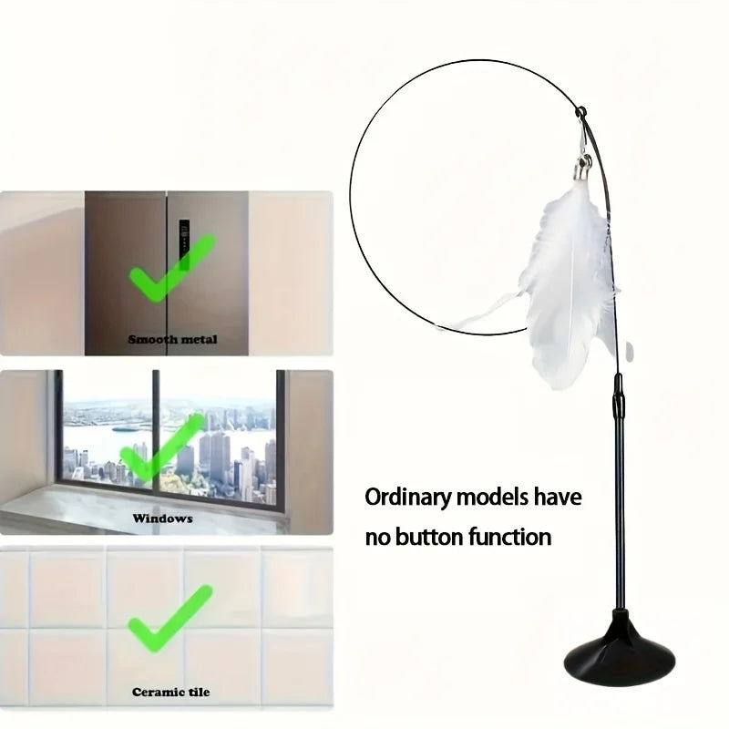 Bite-Resistant Cat Teaser Stick with Bell, Feather, and Long Rod - Fun and Interactive Cat Toy with Suction Cup Base