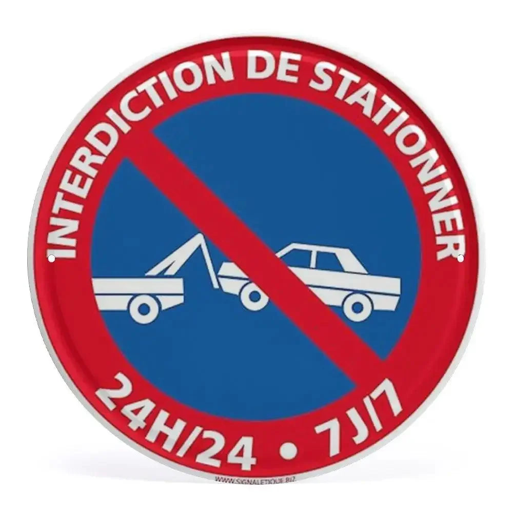 2D Flat Assorted French & Private Property No Parking Signs Round Metal Tin Sign - Multilingual Traffic Themed Wall Deco