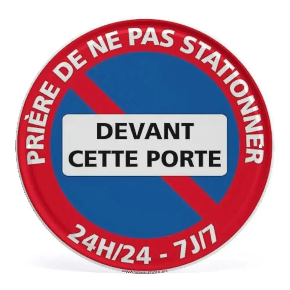2D Flat Assorted French & Private Property No Parking Signs Round Metal Tin Sign - Multilingual Traffic Themed Wall Deco