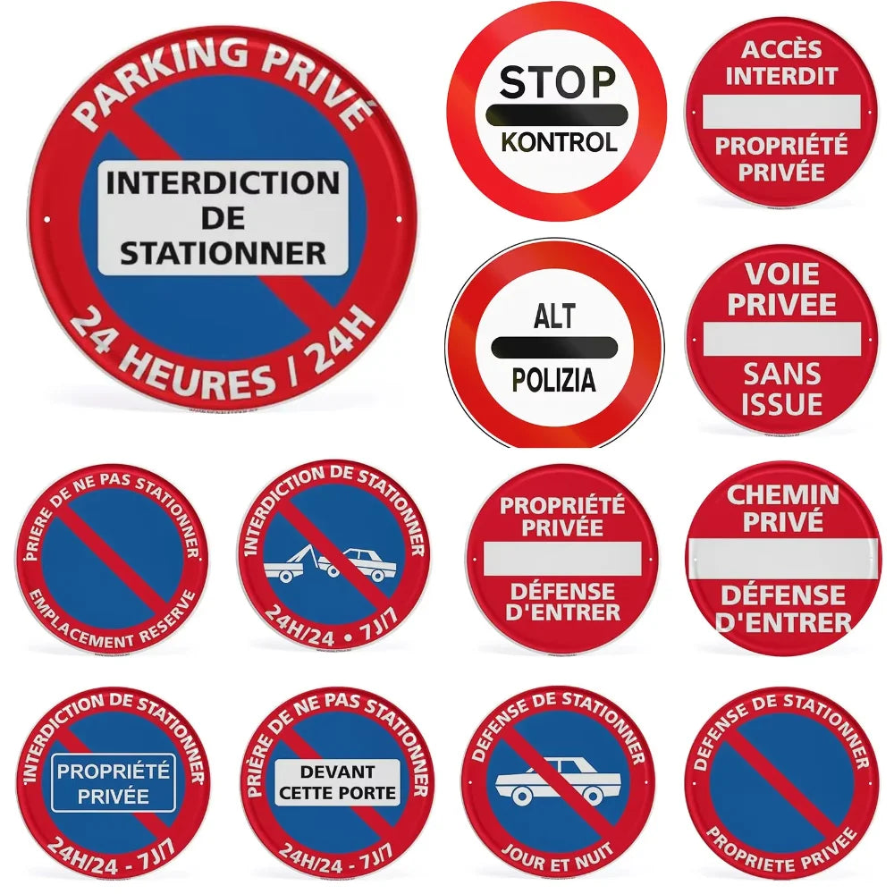2D Flat Assorted French & Private Property No Parking Signs Round Metal Tin Sign - Multilingual Traffic Themed Wall Deco