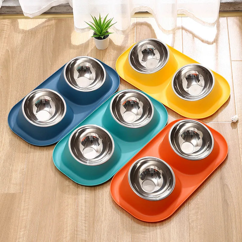 1pc Stainless Steel Double Cat Dog Bowl Cat Food Container Non-slip Base Pet Water Feeder Tilt Safeguard Neck Puppy Cats Bowls
