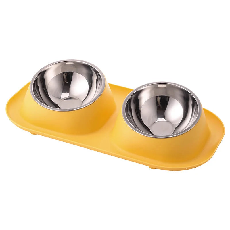 1pc Stainless Steel Double Cat Dog Bowl Cat Food Container Non-slip Base Pet Water Feeder Tilt Safeguard Neck Puppy Cats Bowls