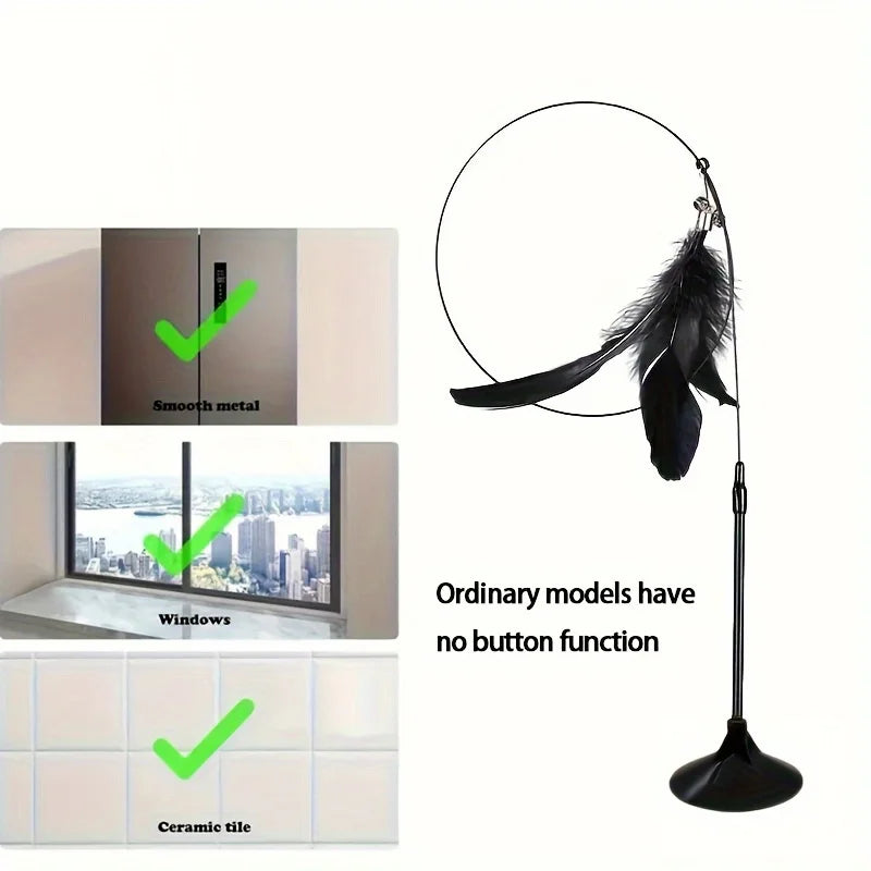 Bite-Resistant Cat Teaser Stick with Bell, Feather, and Long Rod - Fun and Interactive Cat Toy with Suction Cup Base