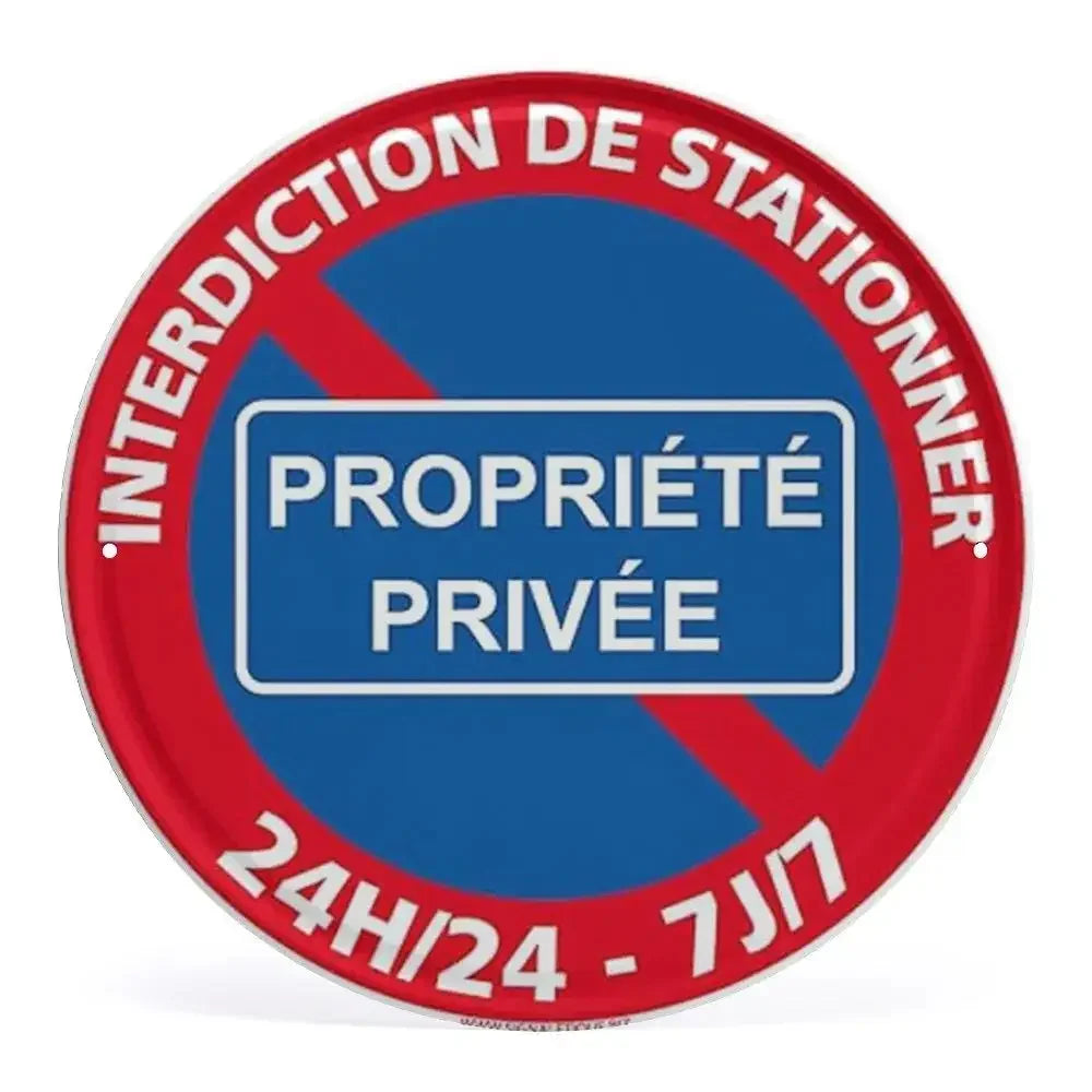 2D Flat Assorted French & Private Property No Parking Signs Round Metal Tin Sign - Multilingual Traffic Themed Wall Deco