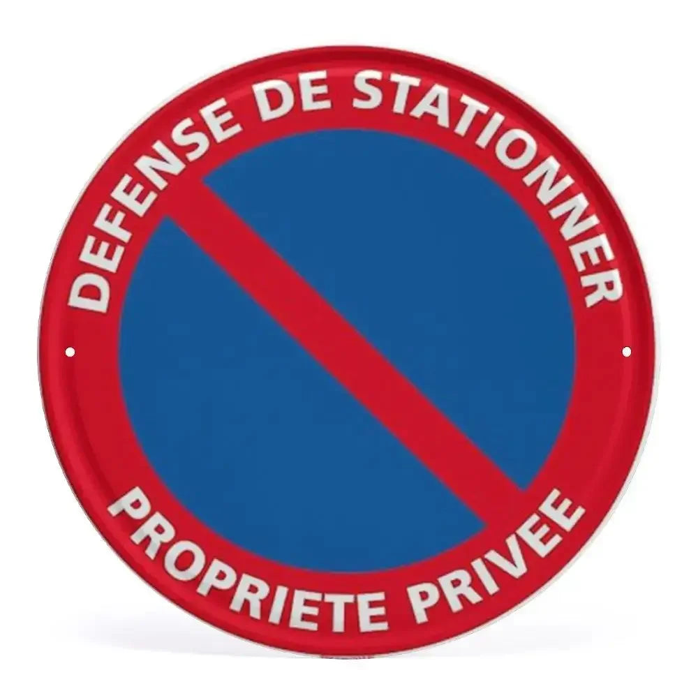 2D Flat Assorted French & Private Property No Parking Signs Round Metal Tin Sign - Multilingual Traffic Themed Wall Deco