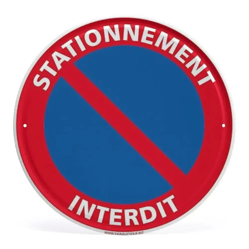 2D Flat Assorted French & Private Property No Parking Signs Round Metal Tin Sign - Multilingual Traffic Themed Wall Deco